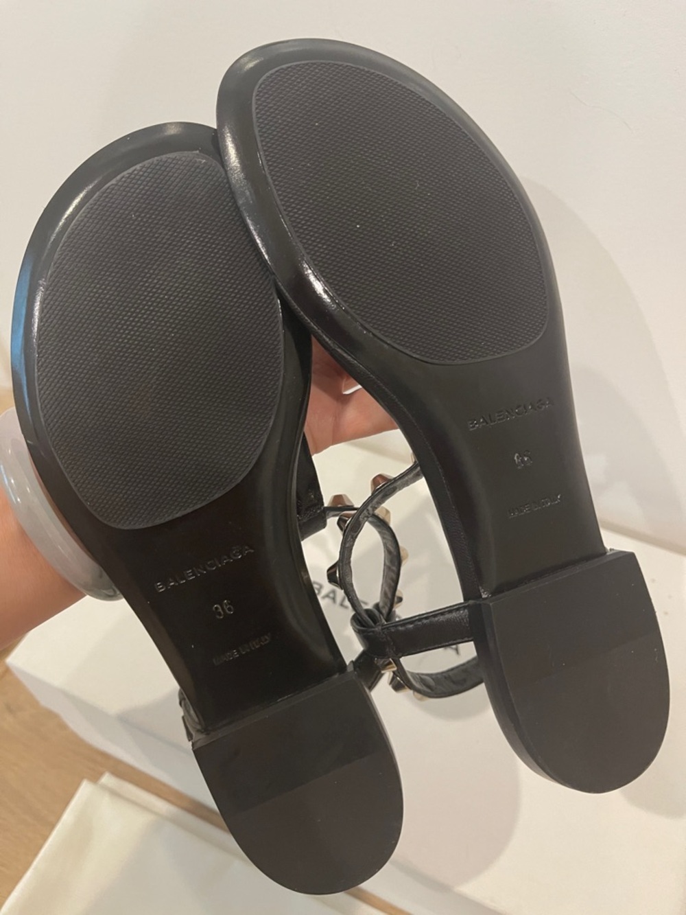 Balenciaga Black Leather Studded T-Strap Sandals - Picture 7 of 11